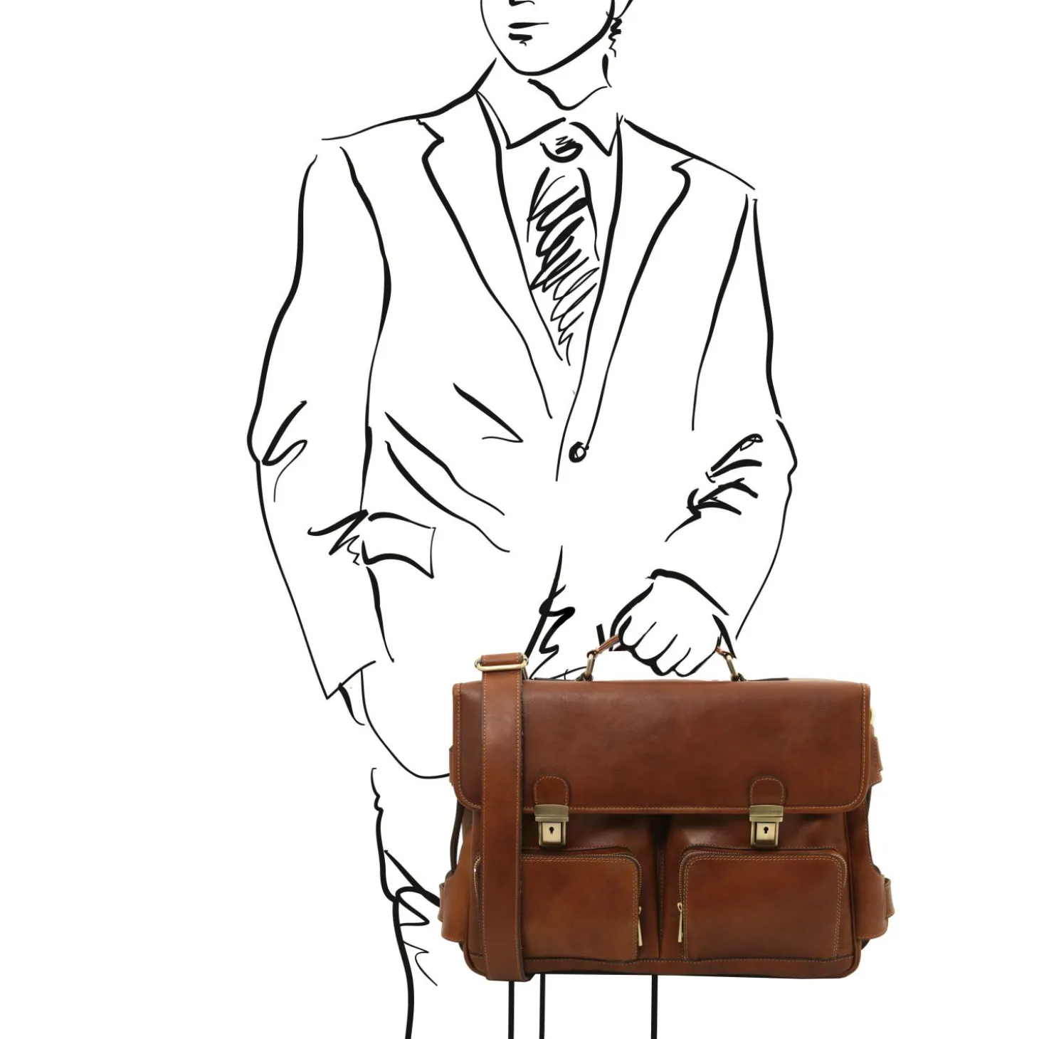 TL SMART Multifach-Aktentasche aus Leder mit Zwei Aufgesetzten Taschen